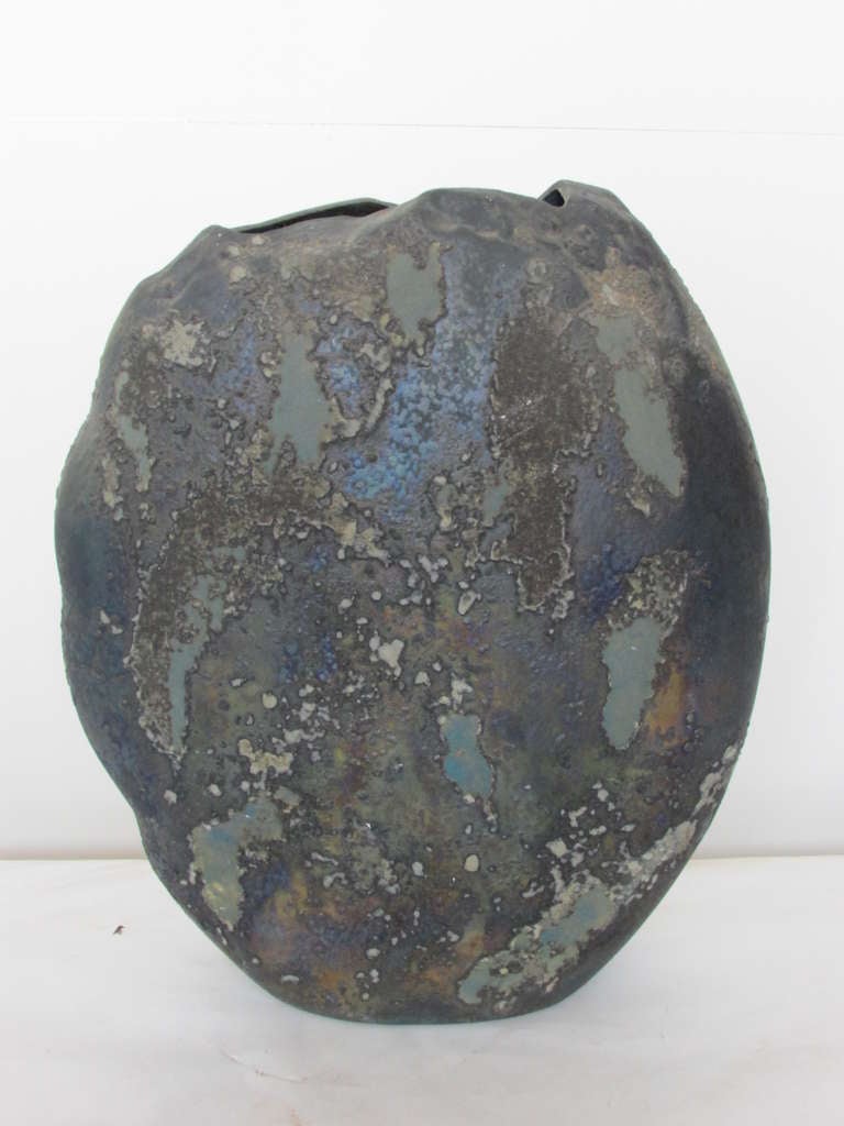 1970's California modernist raku pottery brutalist style vase by Tony Evans ( signed Evans - an early example - numbered 17 )  A very large richly textured free form with an organic volcanic lava glaze.