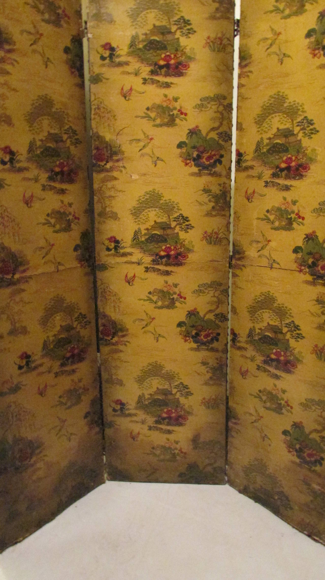 1940s Hand-Painted Silver Leaf Three-Panel Folding Screen 2