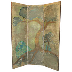 1940s Hand-Painted Silver Leaf Three-Panel Folding Screen