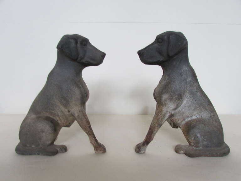 Antique American Cast Iron Labrador Retriever Pup Andirons In Good Condition In Rochester, NY