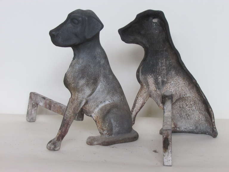 19th Century Antique American Cast Iron Labrador Retriever Pup Andirons