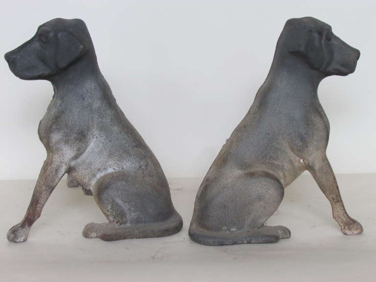 Antique cast iron Labrador Retriever pup andirons / firedogs - Stamped Liberty Foundry St. Louis Missouri. An early example of this form with finely detailed casting to metalwork and nicely aged surface from many years of use. Antique Americana folk