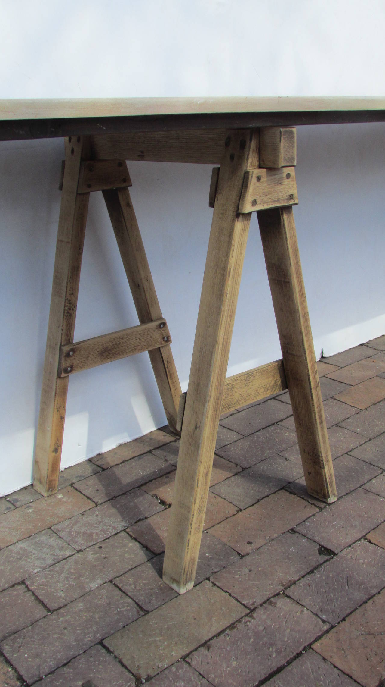 Antique American Wood Sawhorse Table In Excellent Condition In Rochester, NY