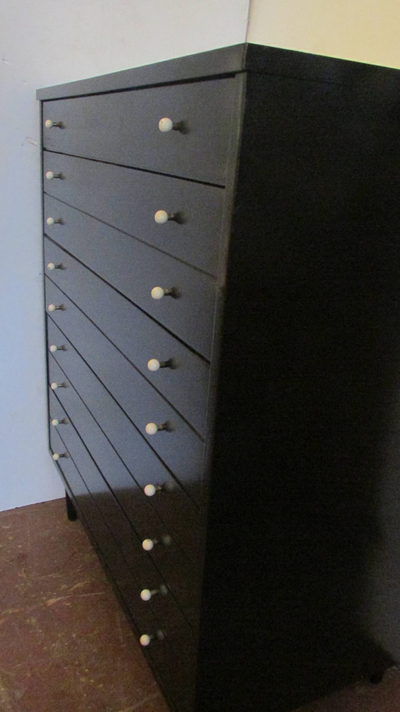 20th Century Modernist Black Lacquered Tall Chest by American of Martinsville