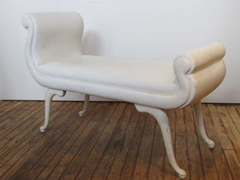 1940's Regency style chaise / recamier. Undulating sleek sculptural upholstered form raised on four tall slender & curvacious aluminum legs ending in simple paw & ball feet. Looks great from every angle. Very sturdy and exceptionally comfortable