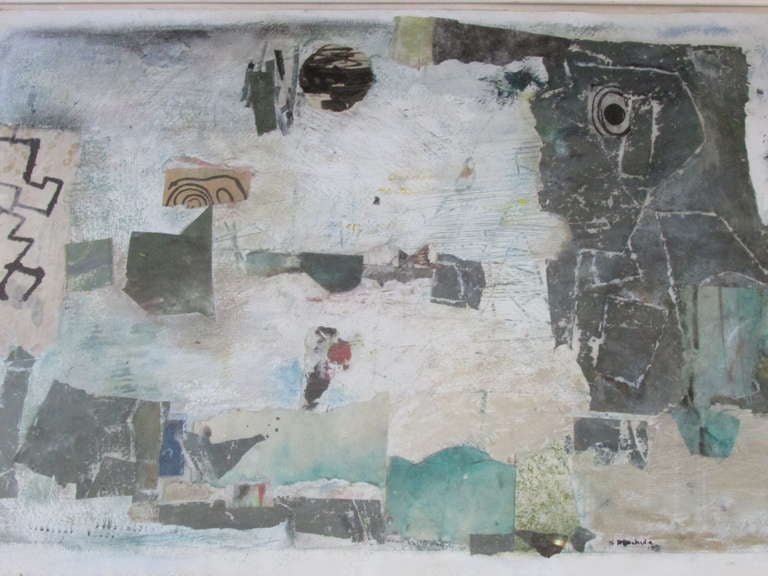 Hilda Altschule Coates ( 1900 - 1983 ) well listed Bauhaus trained Russian - American painter sculptor. Modernist abstract mixed media collage painting on paper in original white painted wood frame with glass. Signed & dated H. Altschule 73'. In the