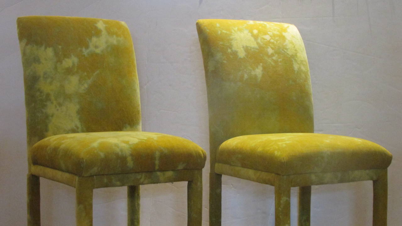 A pair of signed Thayer Coggin tall back Parsons chairs attributed to Milo Baughman - upholstered in what appears to be the original Jack Lenor Larsen cotton velvet lemon yellow / lime gold abstract pattern fabric. Look at all pictures and read
