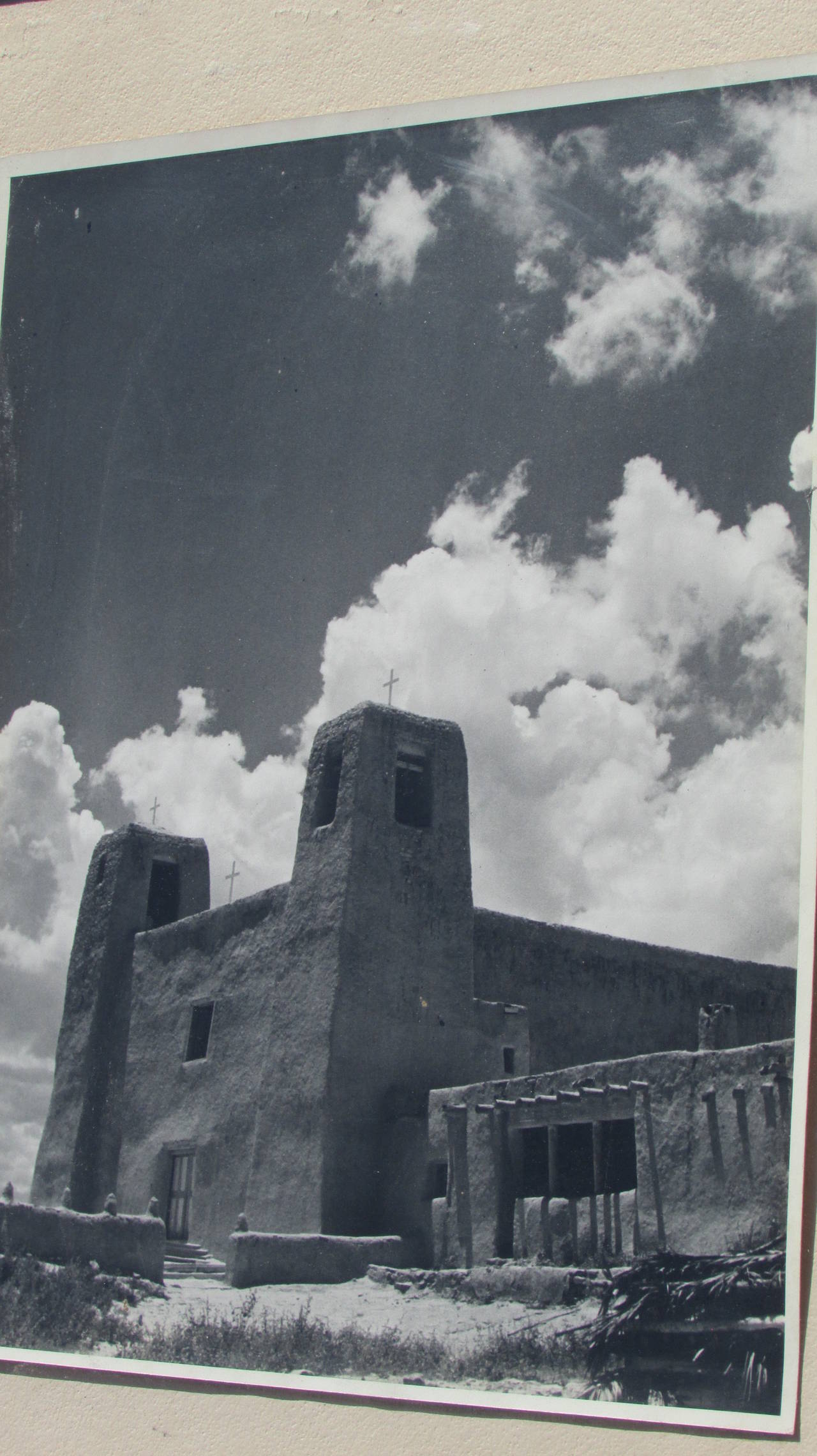 American Vintage New Mexico Stark Landscape Photograph with Mission Church