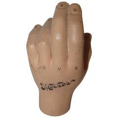 Tattoo Painted Wooden Hand  " Hate Love Mother "