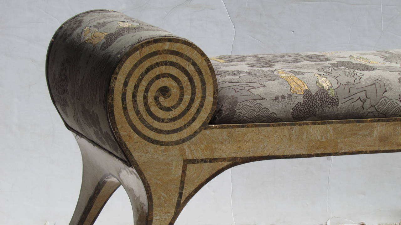 Hollywood Regency Classical Grecian Curule Style Inlaid Tessellated Stone Bench Settee