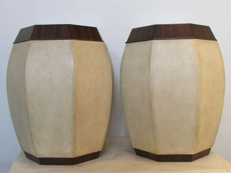 French Shagreen Leather & Macassar Ebony Tabourets In The Manner Of Andre Groult