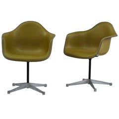 Vintage Eames Bucket Swivel Chairs in Alexander Girard Olive Chartreuse Naugahyde