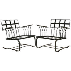 Russell Woodard Modernist Cantilever Wrought Iron and Wood Armchairs