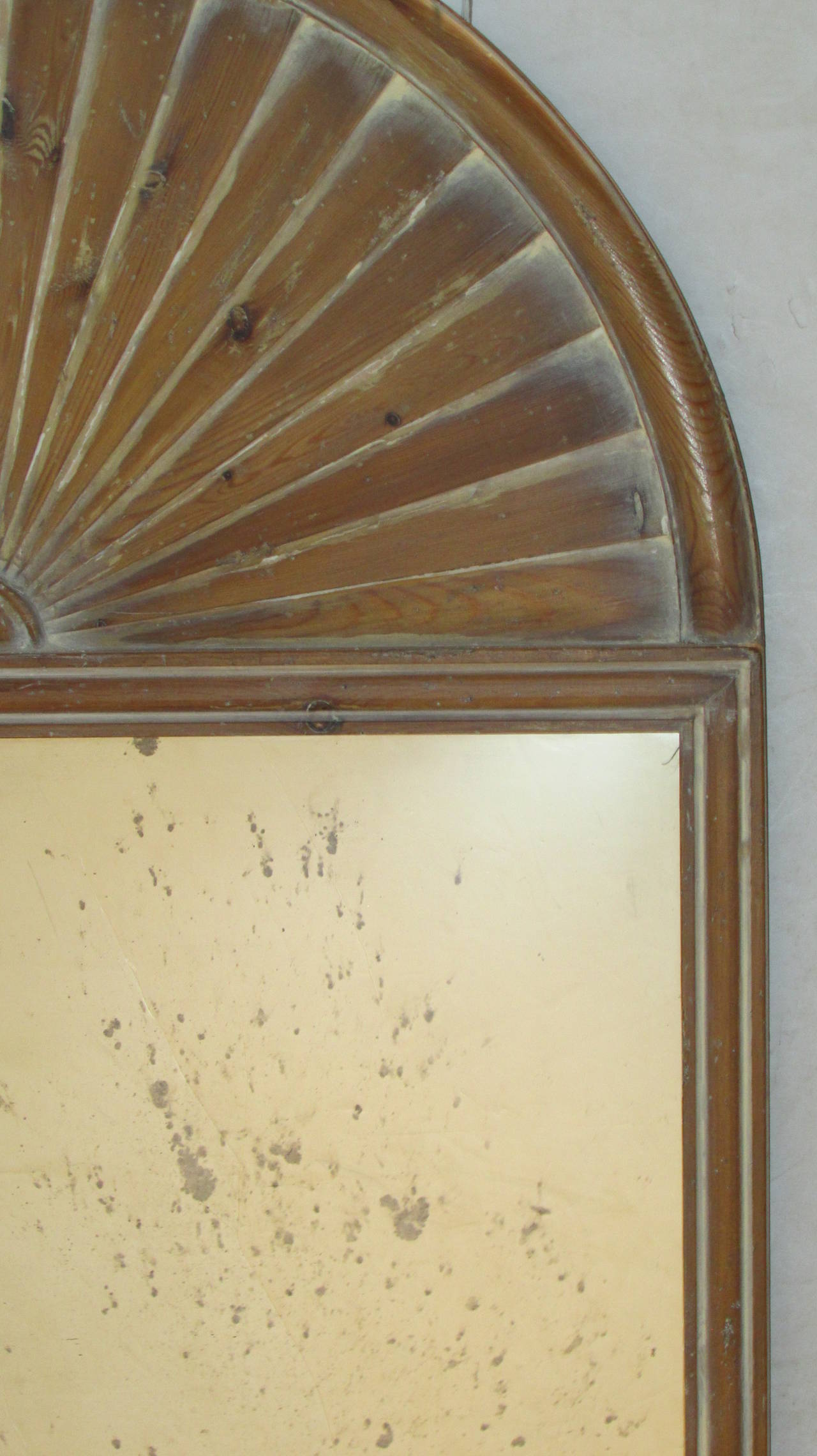 Spanish Large Carved White Washed Pine Palladian Sun Ray Mirror