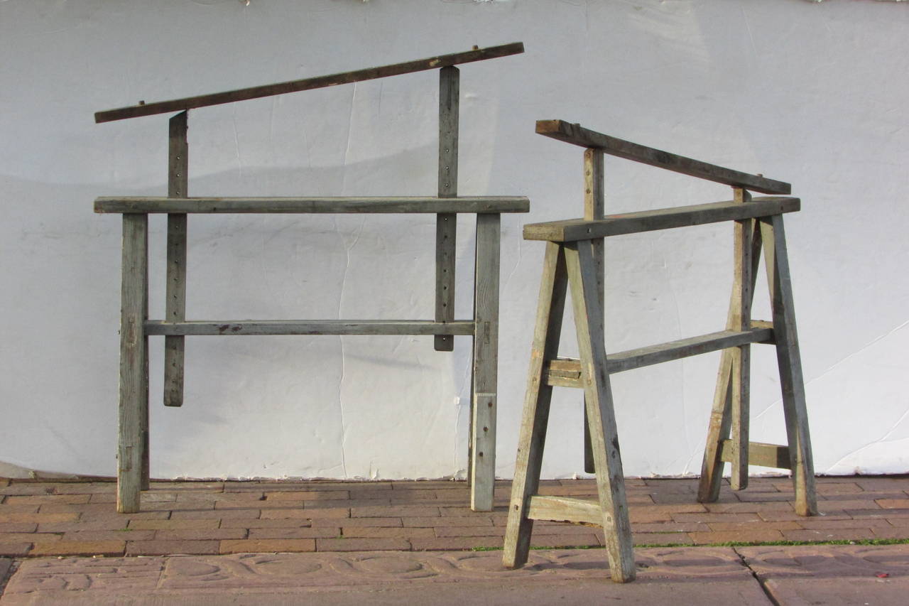 Hand-Crafted Rare Antique Adjustable-Height Wood Sawhorses