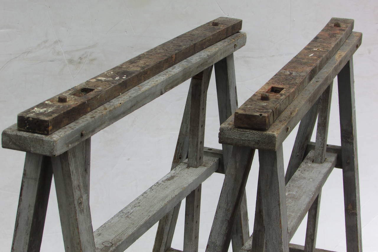 Industrial Rare Antique Adjustable-Height Wood Sawhorses