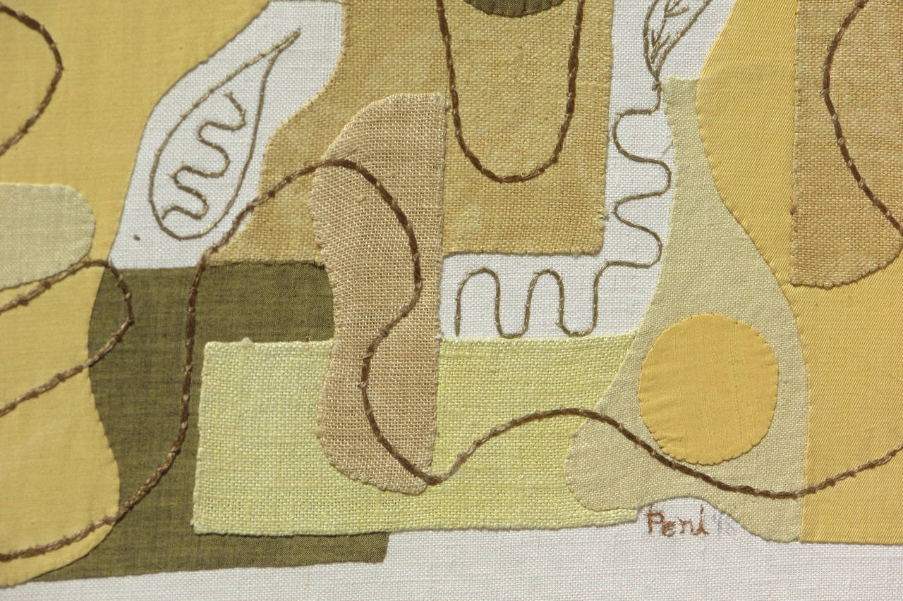 By Eve Peri ( 1897 - 1966 ) an original framed abstract modernist found woven textile hand applique collage - stitch signed and dated lower right - Peri  '48 - This is direct from an old Western NY estate single owner mid century modern art