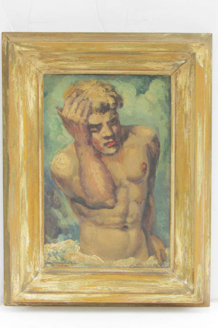 A 1940's oil on board of a muscular young male nude rising out of the ocean waves. It is in the original aged period gilt wood frame.