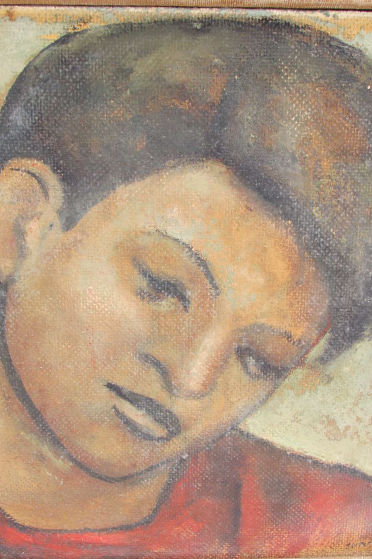 Painting of a Young Boy in the Style of Diego Rivera In Good Condition In Rochester, NY