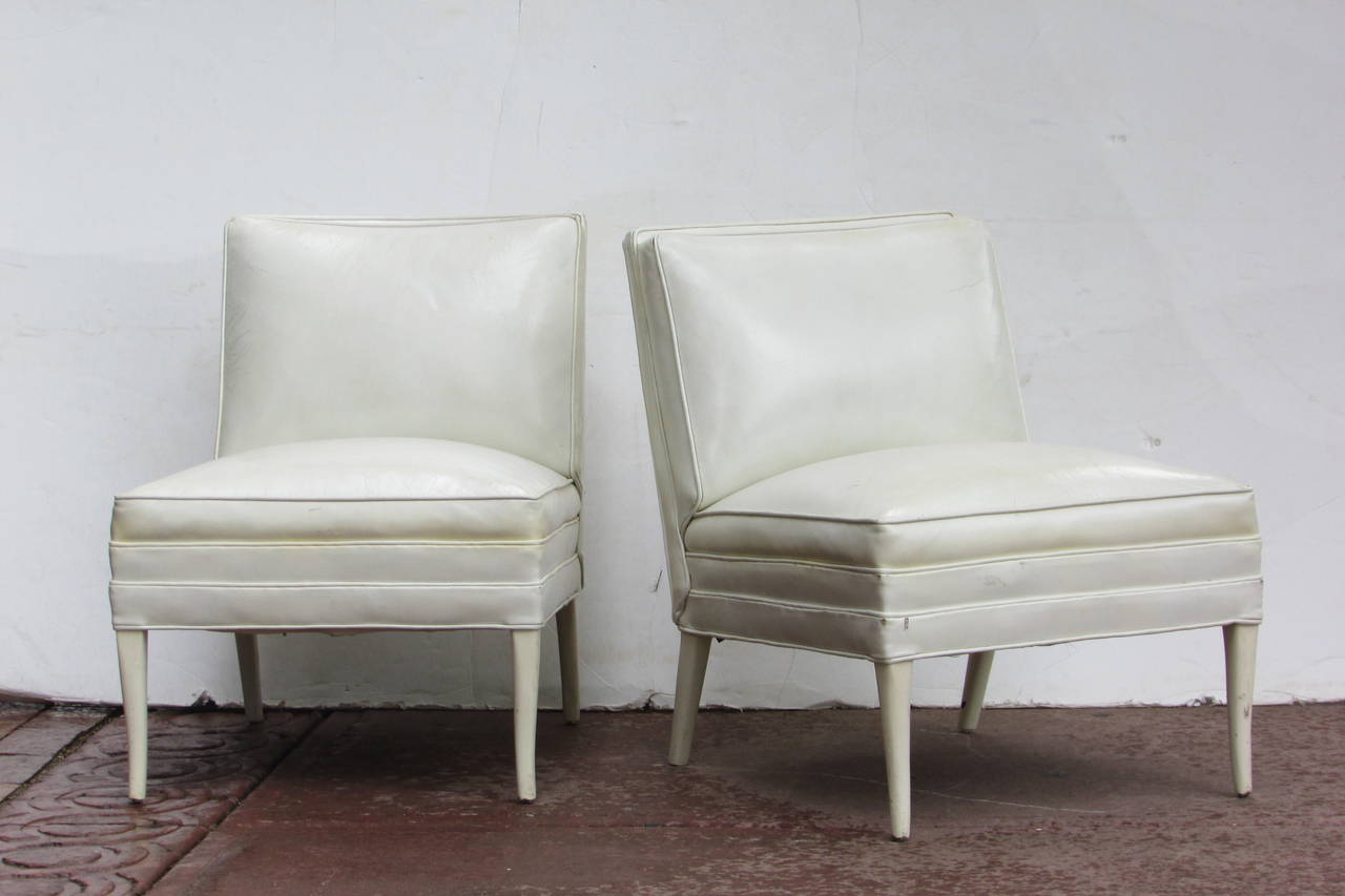 Mid-Century Modern White Leather Lounge Chairs Tommi Parzinger