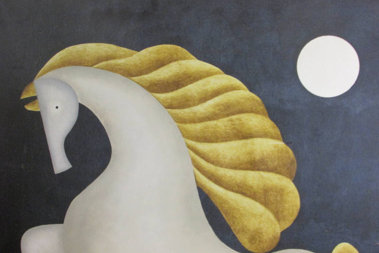 A beautifully executed Mexican modernist painting on canvas of a large stylized horse in a stark landscape with a midnight black sky and full moon. Artist signed lower left corner Gustavo Martinez, circa 1970.
