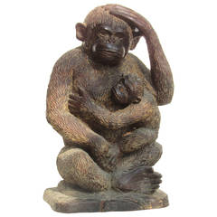 Large Carved Wooden Monkey with Young