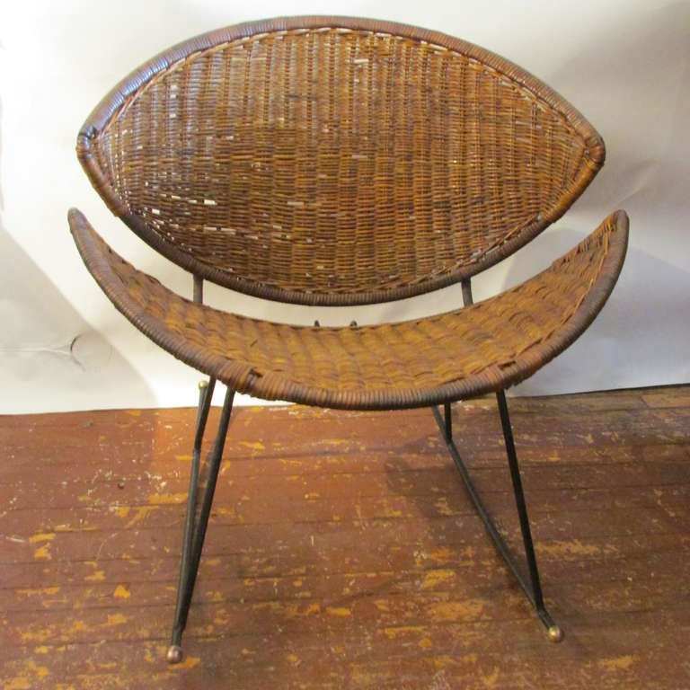 20th Century Modernist Wicker & Iron Rocking Chair
