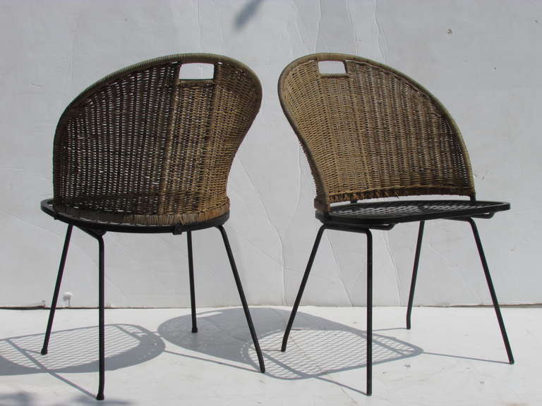 Mid-Century Modern Salterini Iron and Wicker Chairs