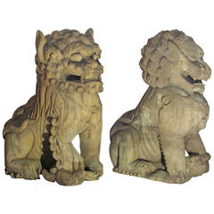 Antique Palace Size Carved Wooden Foo Dogs