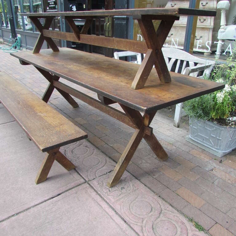 Antique American Pine Sawbuck Table & Benches In Good Condition In Rochester, NY