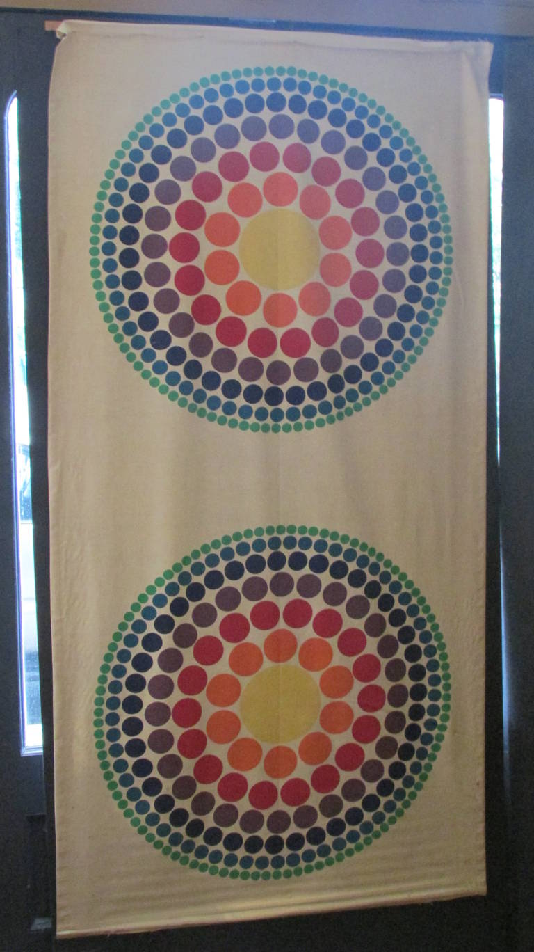 In the style of Verner Panton, a brilliant 1960s modernist op art screen printed wall hanging on finely wove natural cotton linen. Most likely Scandinavian in origin.