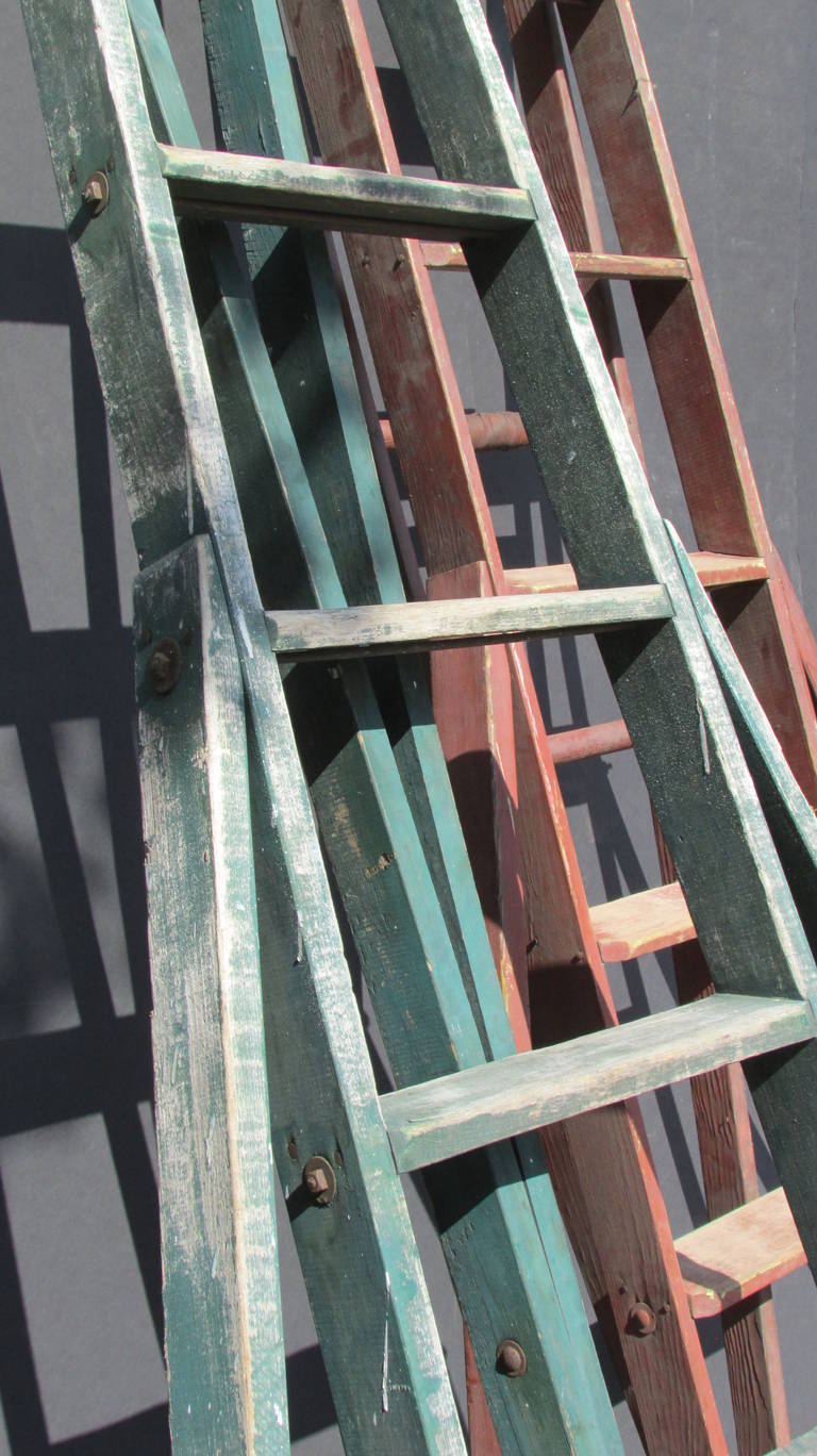 Antique American Three Legged Painted Orchard Ladders (Green Ladder Sold) ) ) 2