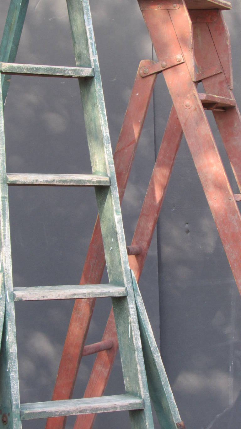 Leather Antique American Three Legged Painted Orchard Ladders (Green Ladder Sold) ) )