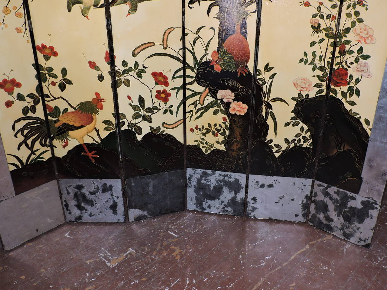 Exotic Hand-Painted and Mirrored Folding Screen In Good Condition In Rochester, NY