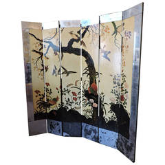 Exotic Hand-Painted and Mirrored Folding Screen