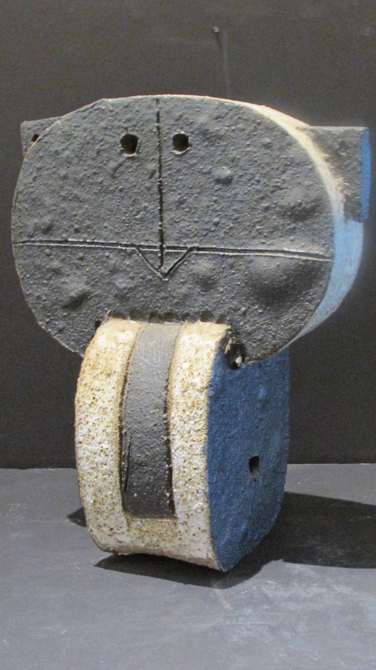 A mid 20th century primitive abstract modernist polychrome textured glazed stoneware sculpture of a cat in the style of Picasso - signed with what appears to be an S at bottom. Direct from the estate collection of the American painter artist - Zoute