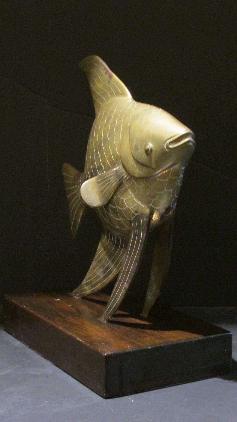 An exceptionally beautiful and finely detailed large brass and silver soldered angel fish sculpture with perfectly aged patina to metalware mounted on the original figured wood base with foil label at underside signed Frederick Cooper, Chicago,