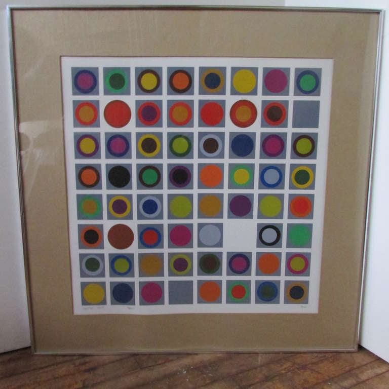 In the Op-Art style of Victor Vasarely - a large limited edition 1970's modernist serigraph - pencil signed & numbered -  Melting Pot - Fein - 15/50.  It is set in the original high quality brushed silver metal frame and a new textured linen mat.
