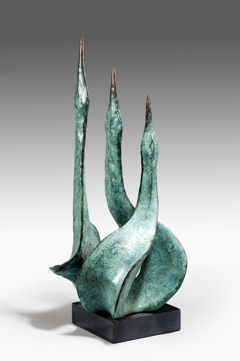 Triptych II No3 of edition of 12.  Green patinated bronze on slate base.