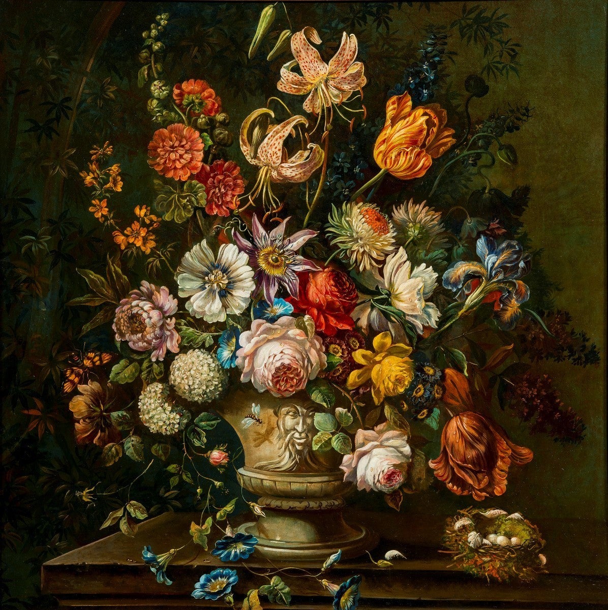 Late 19th century Still Life beautifully executed with vibrant colours of flowers and insects. In the original gilt-wood frame. Dutch or Flemish School.