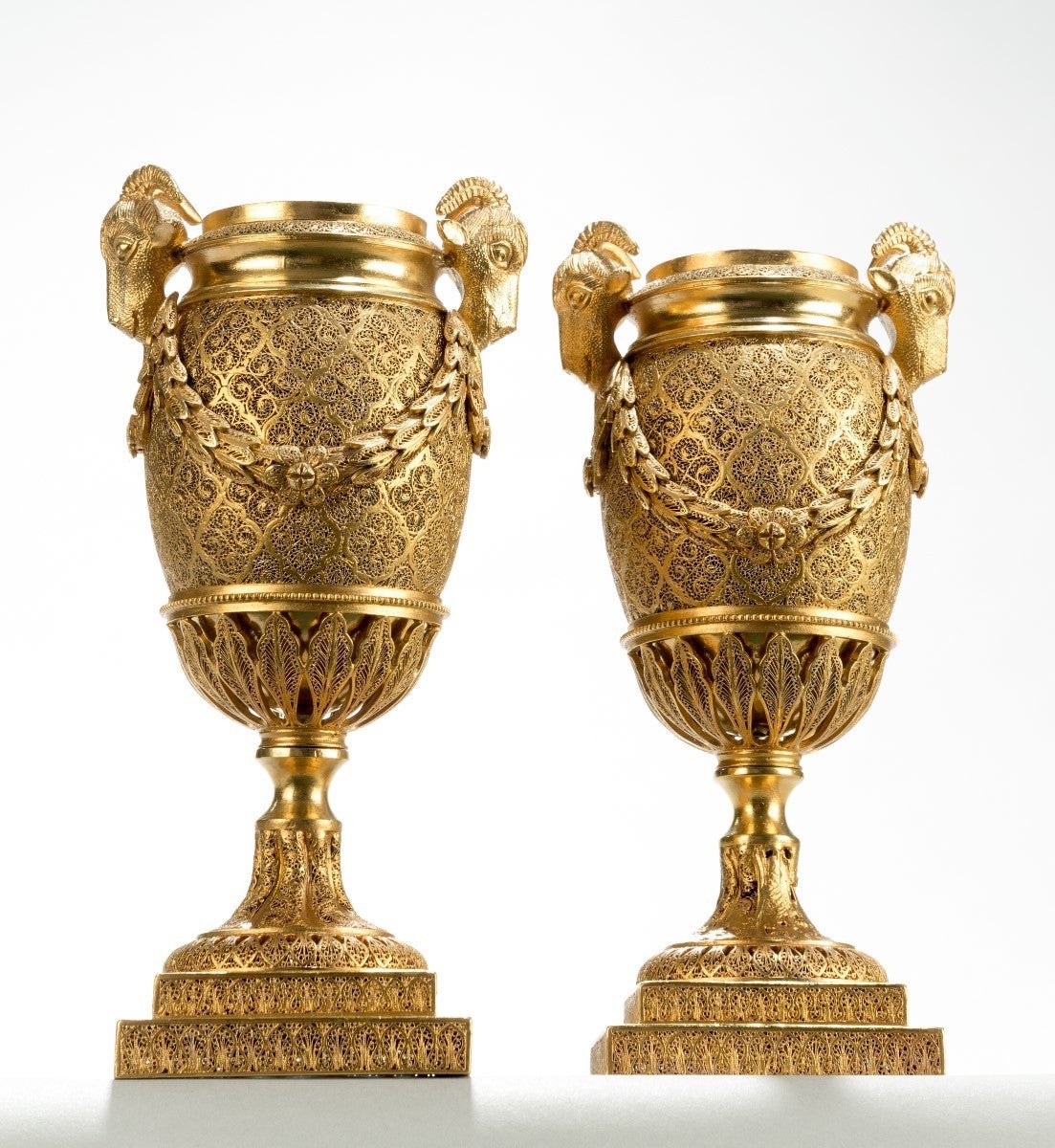 English Pair of Silver Gilt Goat's-Head Vases For Sale