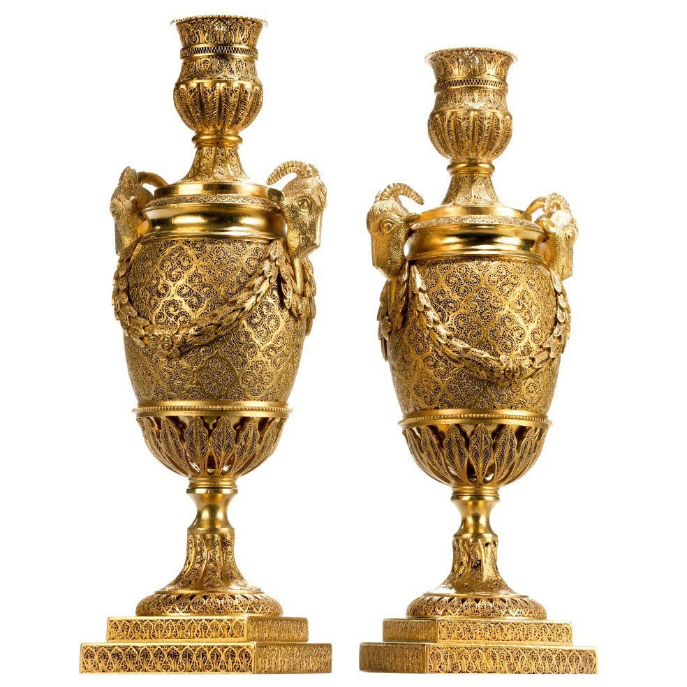 Pair of Silver Gilt Goat's-Head Vases For Sale