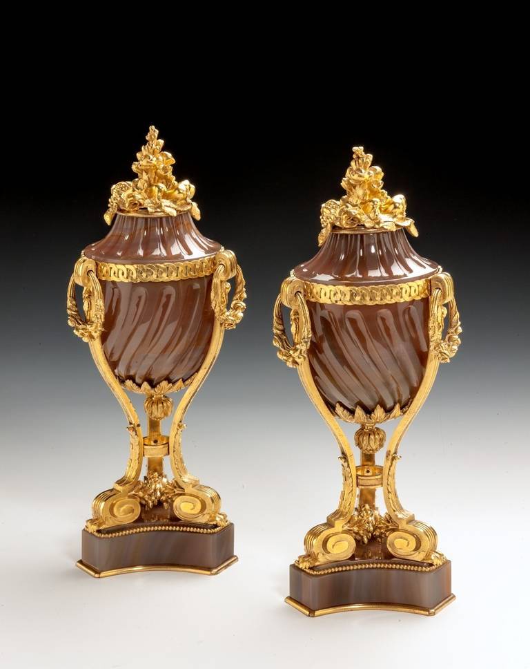 French Agate and Ormolu Urns