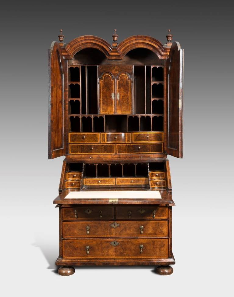 English Antique Queen Anne Period Walnut Bureau Cabinet For Sale