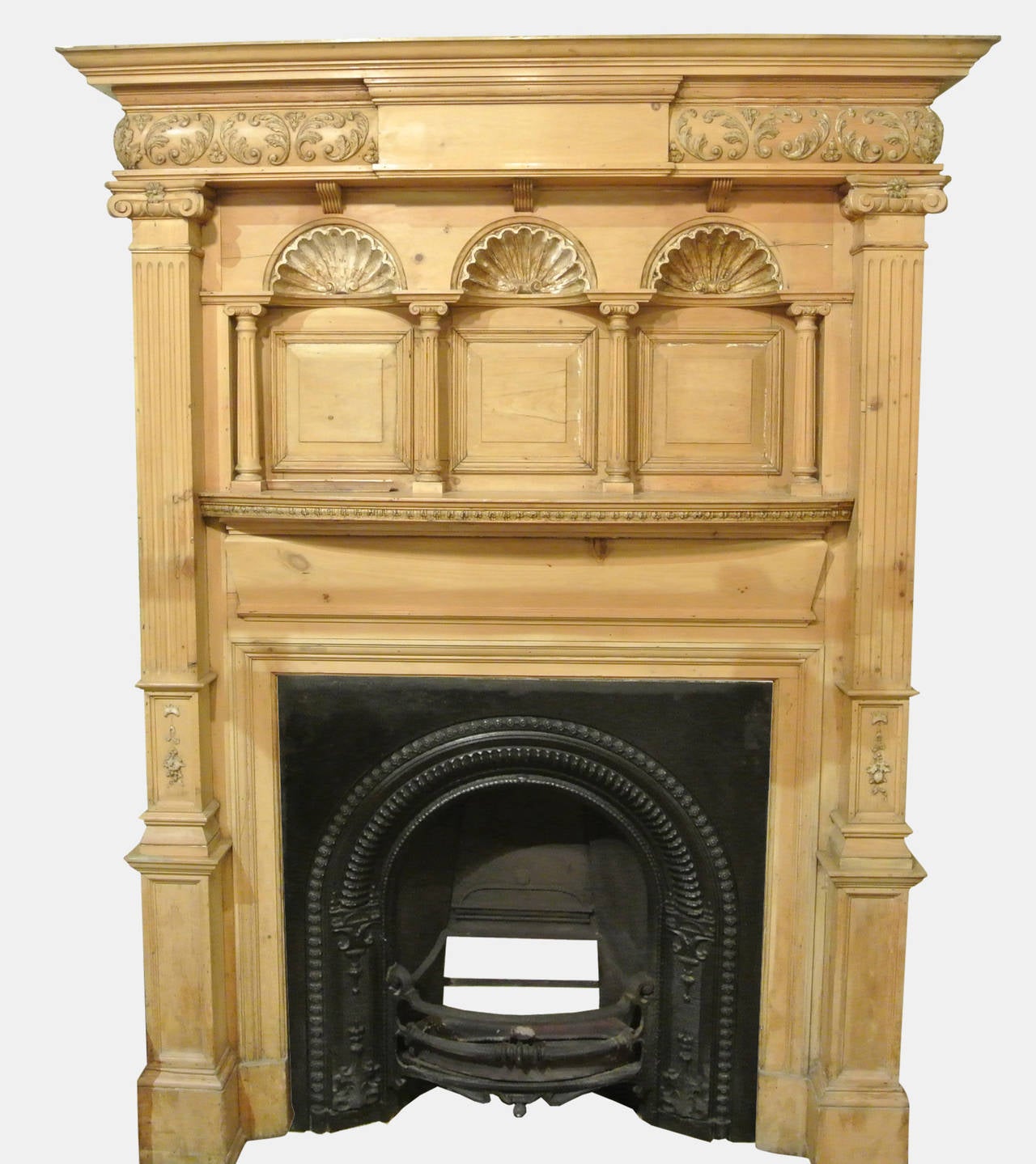 A Georgian style pine panelled fire surround of large proportions,

circa 1890.