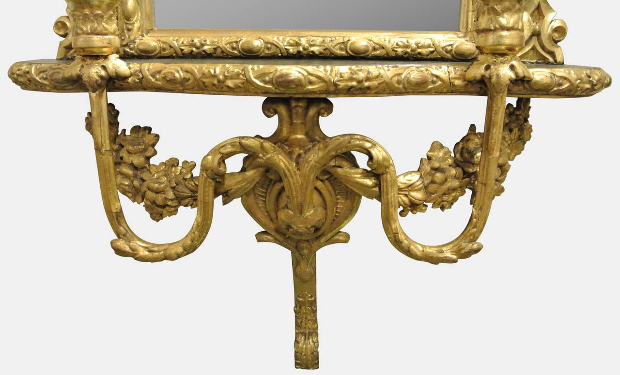 Pair of Victorian Giltwood and Gesso Console Tables and Girandole Mirrors 3