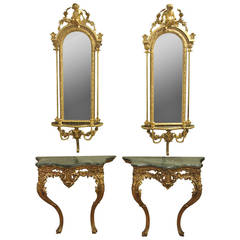 Pair of Victorian Giltwood and Gesso Console Tables and Girandole Mirrors
