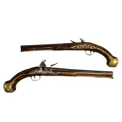 Pair Of Long Flintlock Holster Pistols With Figured Walnut Stocks