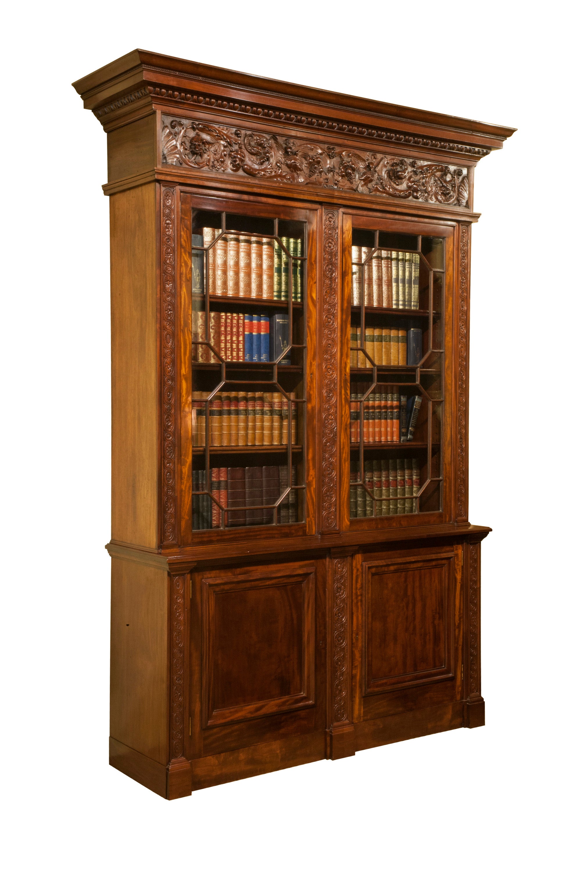 Mahogany Cabinet Bookcase With Ornate And Finely Carved Frieze