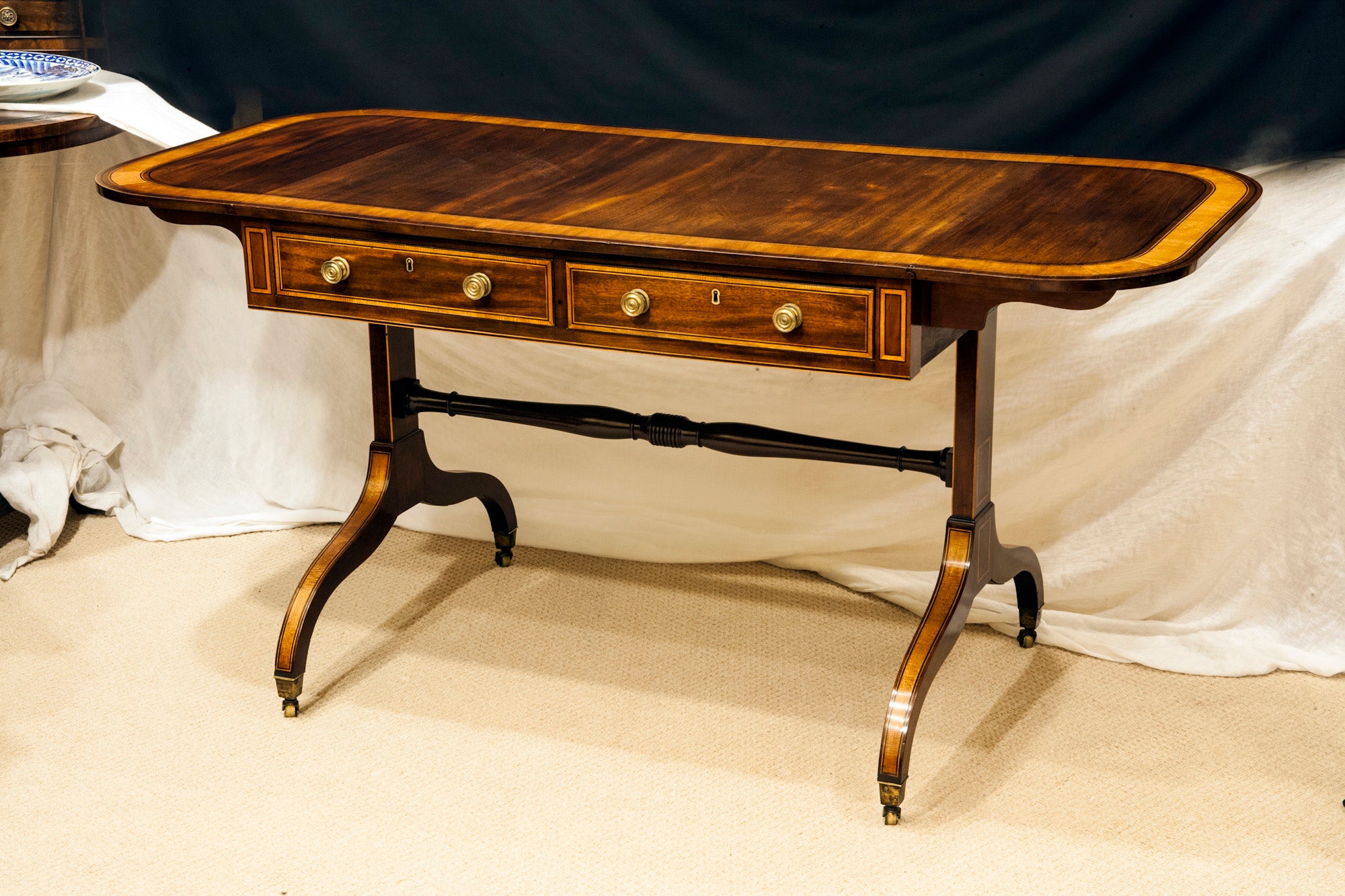 Sheraton Period Mahogany Sofa Table Inlaid in Harewood and Ebony Stringing For Sale